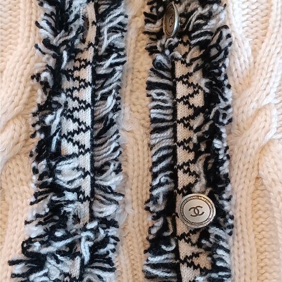 Chanel Cardigan Sweater 40 Small Ivory Cable Knit Fringe Trim Cashmere Cotton - Picture 5 of 14